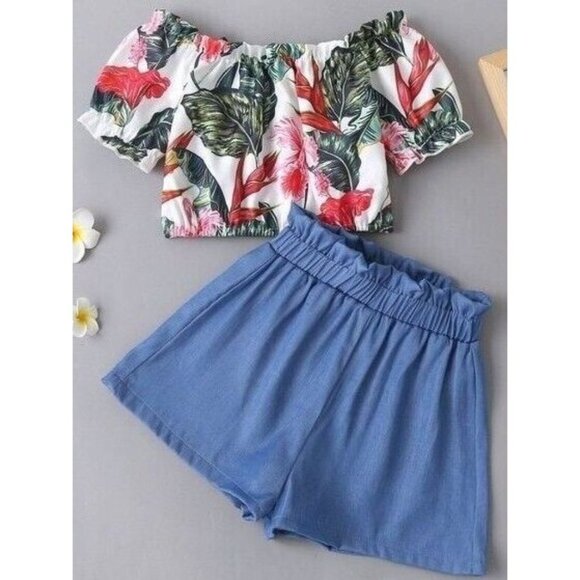 Two-Piece Set Toddler Girls Leaf Print Bardot Top & Shorts NEW - Picture 1 of 4